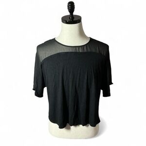 Halston Black Sheer Shoulder‎ Short Sleeve Top Blouse XS Whimsigoth